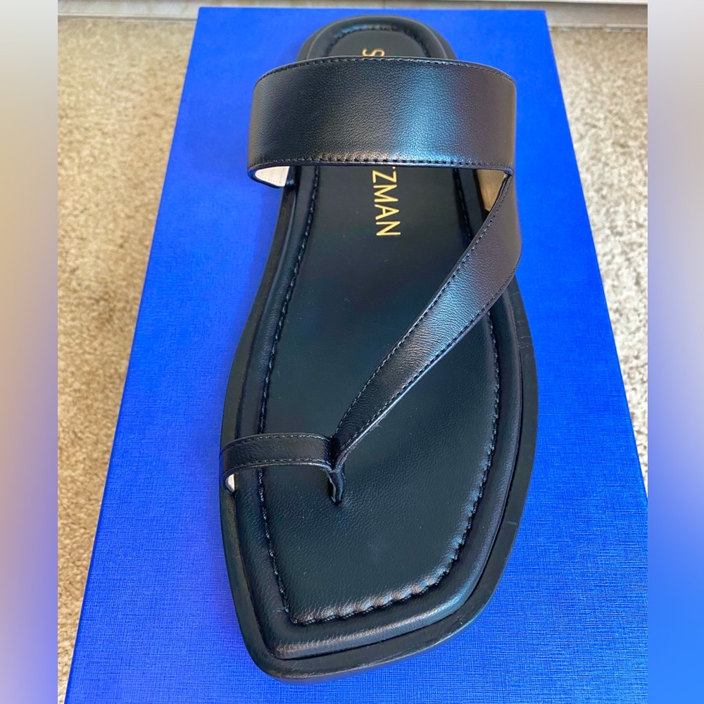 Stuart Weitzman Lyla Flat Leather Sandal Black Size 8.5, NWT - Picture 3 of 15